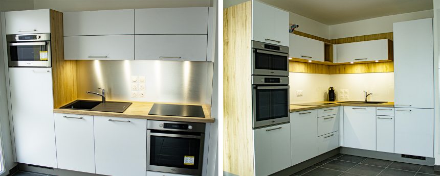 Cuisine compacte, façade blanche mate , et un plan de travail bois