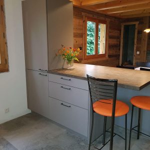 Une touche de orange dans la décoration pour mettre en valeur le gris de la cuisine.