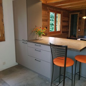 Une touche de orange dans la décoration pour mettre en valeur le gris de la cuisine.